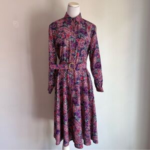 Vintage SCHRADER Purple Multicolor Paisley Print Long Sleeves Belted Shirtdress